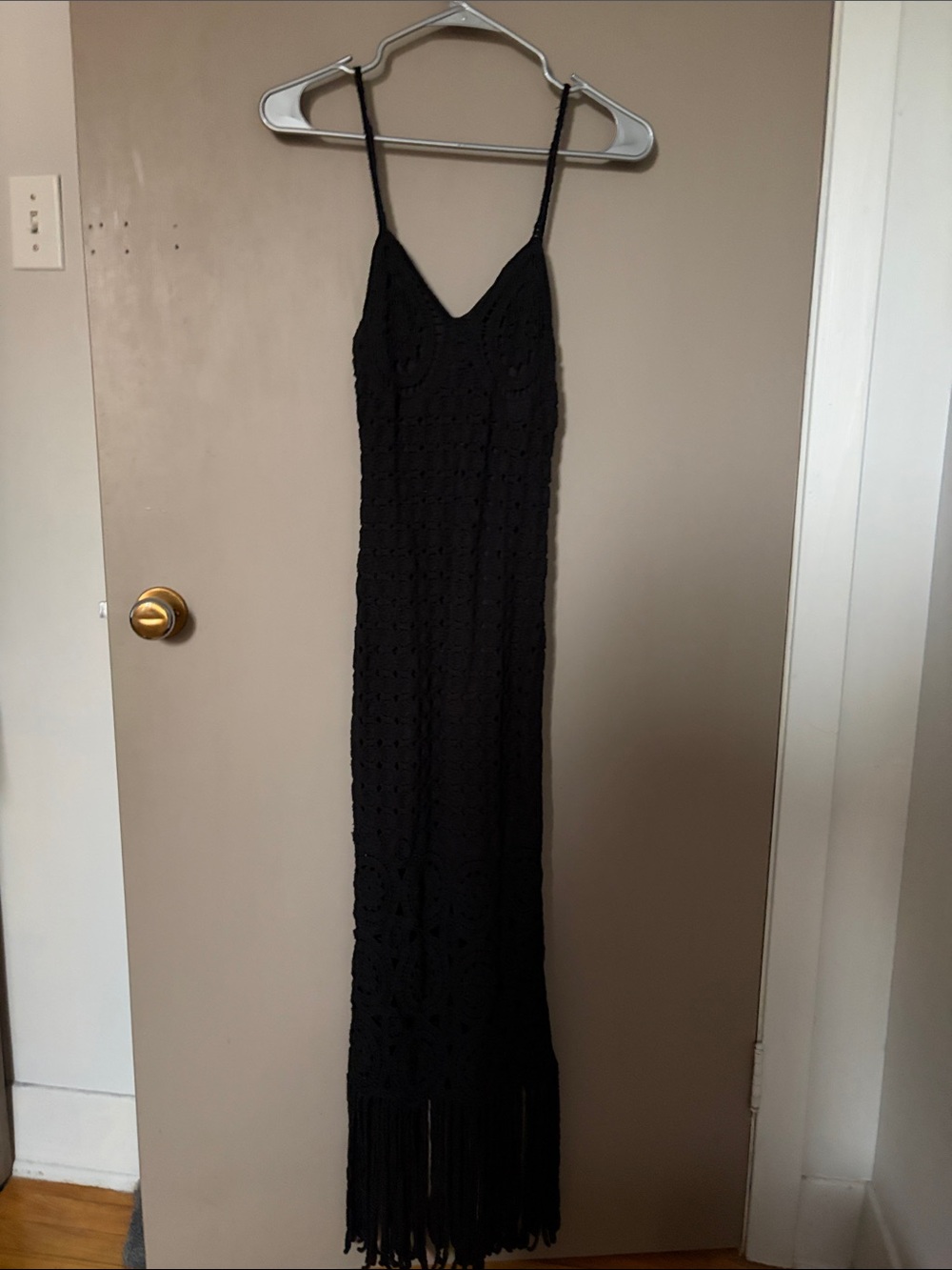 Torn by Ronny Kobo Black Crochet Fringe Maxi Slip Dress